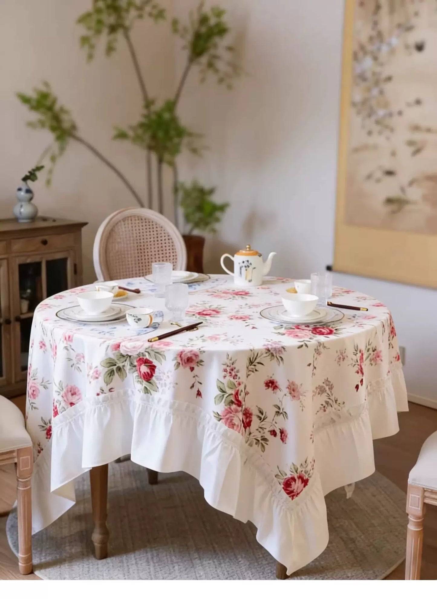 White floral table cloth with ruffled