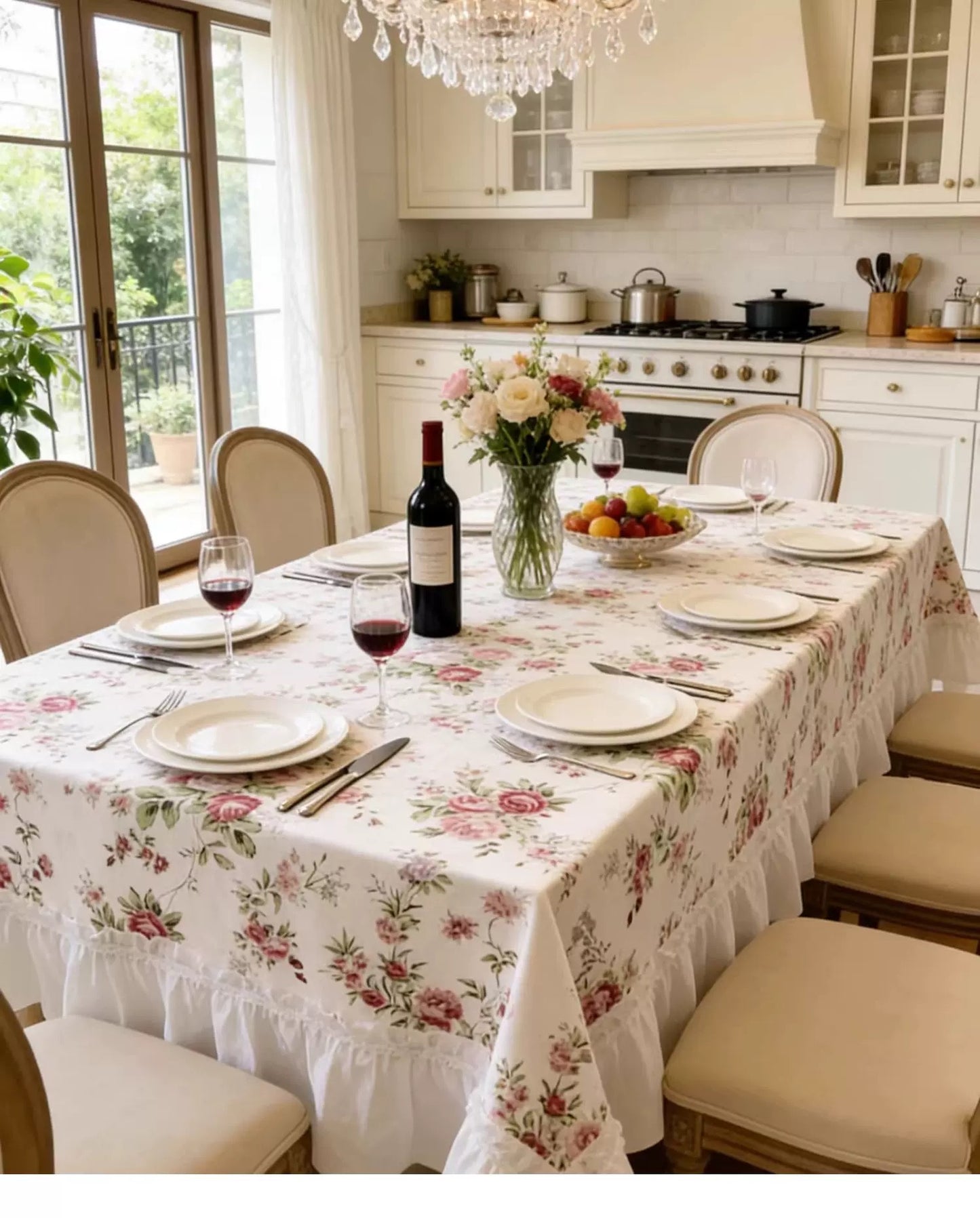 White floral table cloth with ruffled