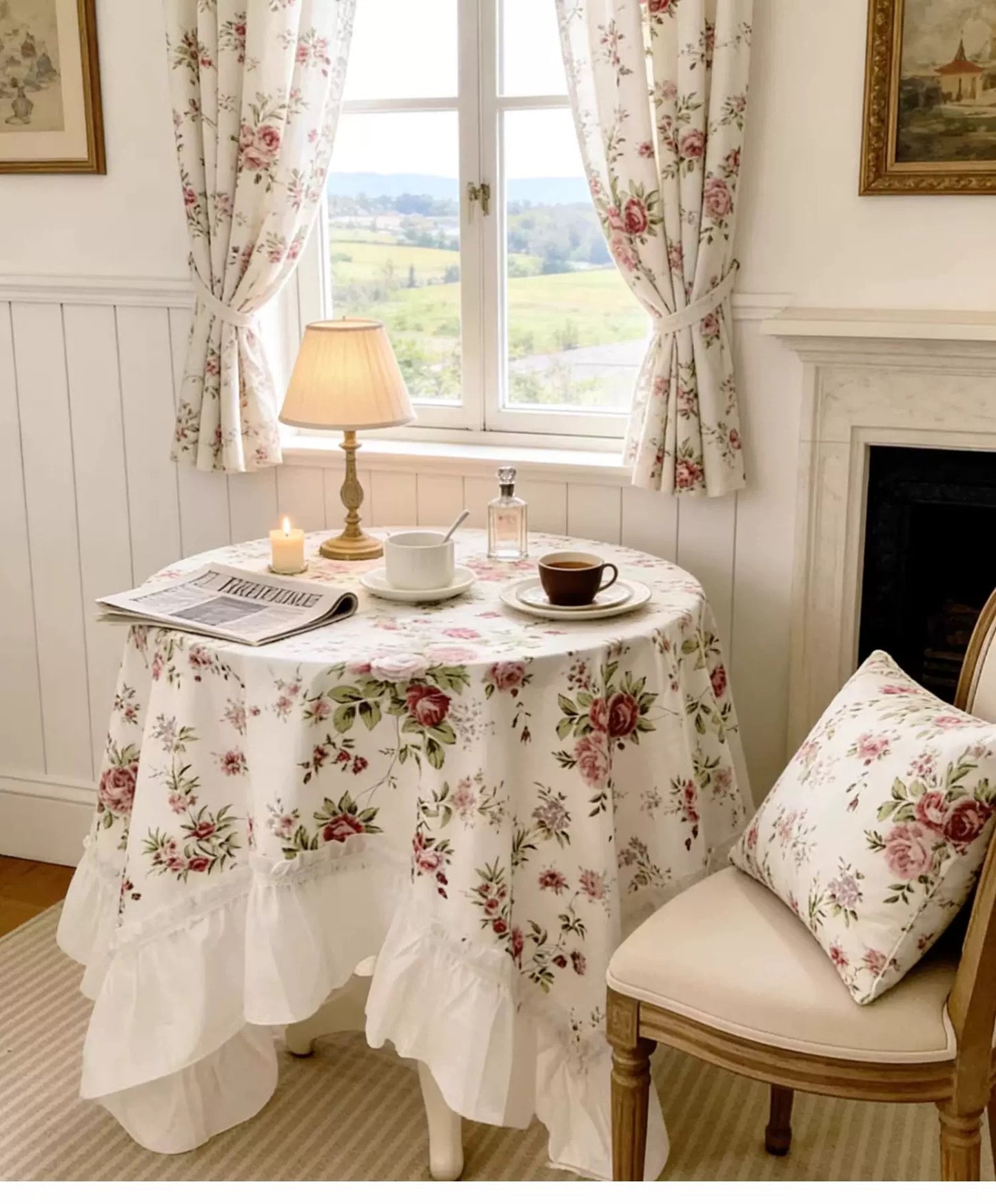 White floral table cloth with ruffled