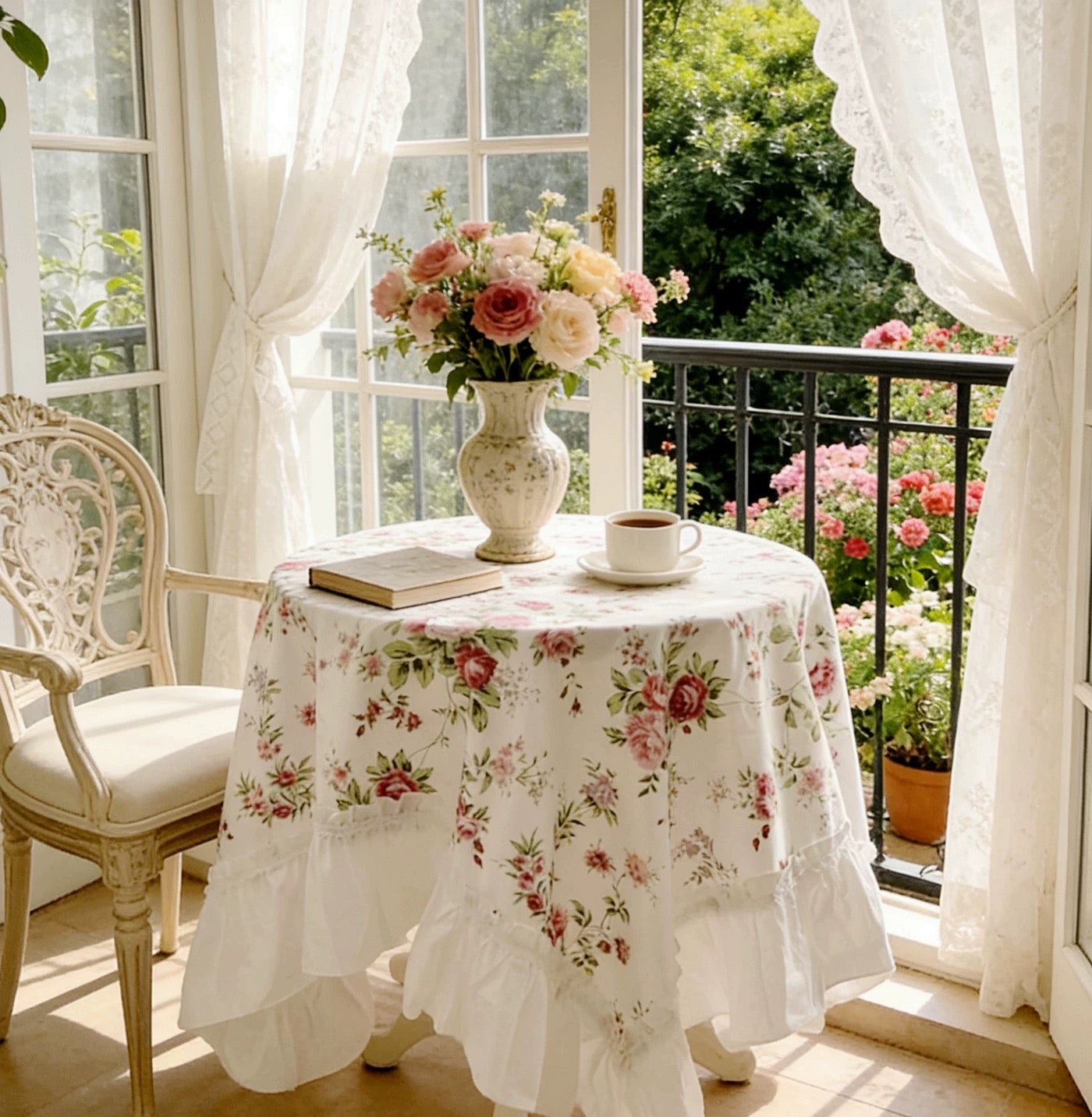 White floral table cloth with ruffled