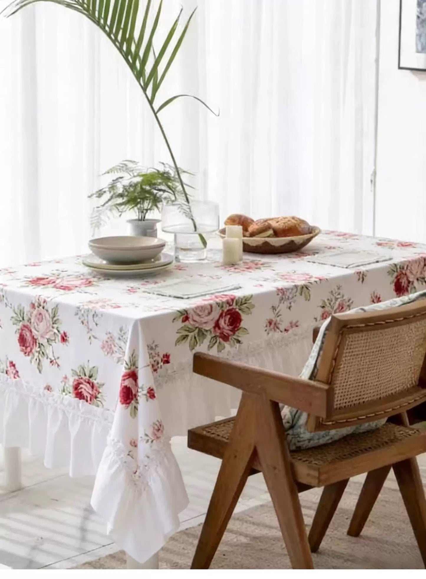 White floral table cloth with ruffled